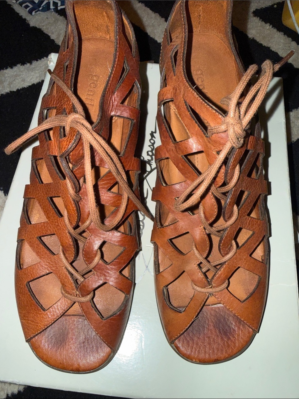 Gentle souls Women's Tan Leather Lace-Up Cutout heel Sandals
